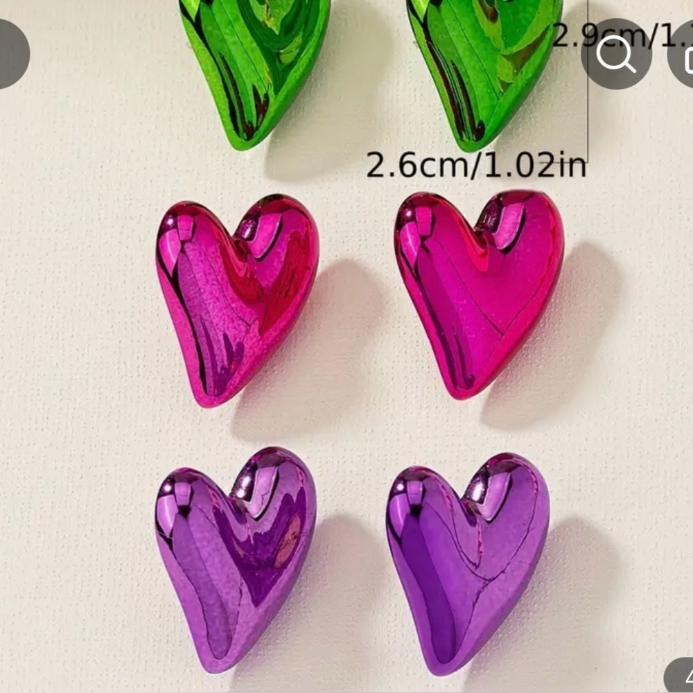 Earrings Heart Metallic Pink Purple Green Pierced. 3 pairs. NWT - Picture 3 of 6